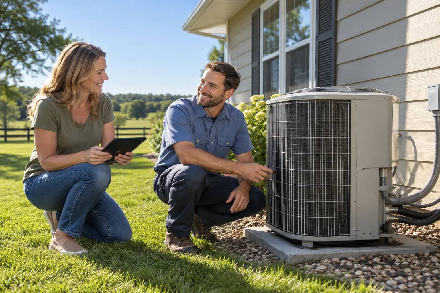 Friendly HVAC provider checking an outdoor air conditioner beside a house in Lorain while a homeowner looks on